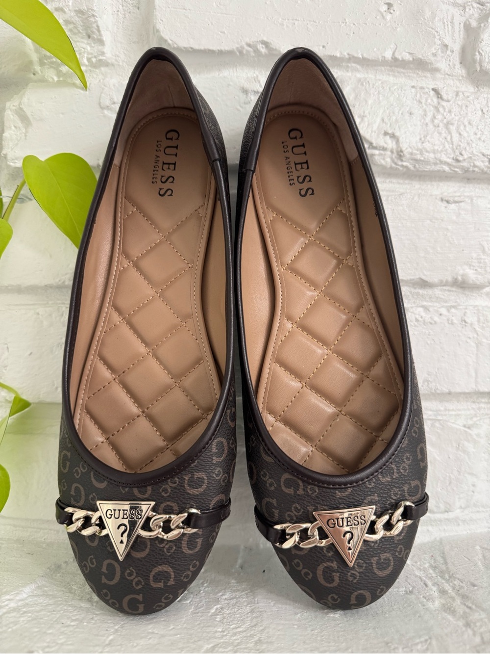 GUESS Women's Dark Brown Ballet Flats with Chain Accent